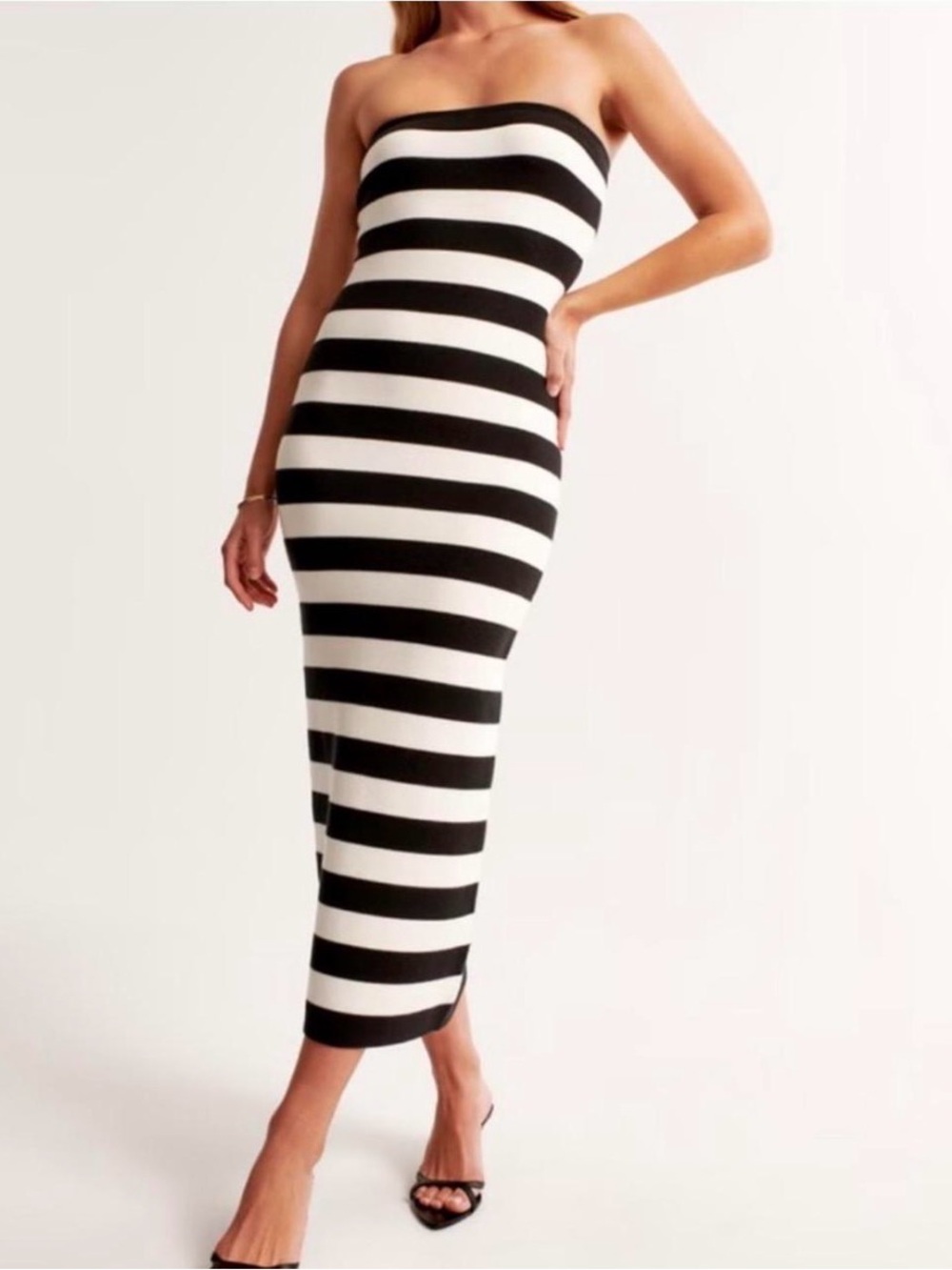Abercrombie & Fitch Black and White Striped Strapless Midi Dress